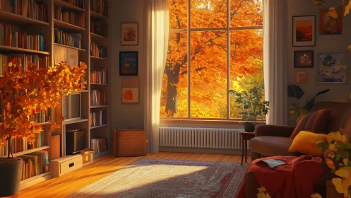 Autumn-lit reading room interior framed by expansive window