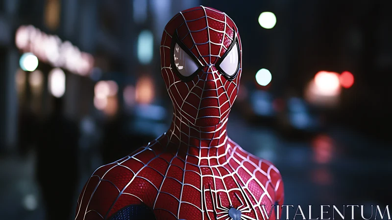 Spider-Man suit rendered in sharp night street close-up
