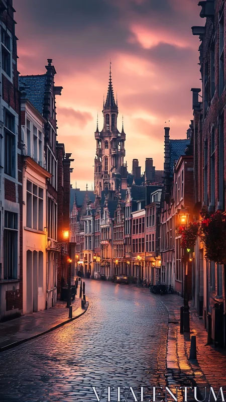 Gothic tower over wet cobblestone street at sunset glow.