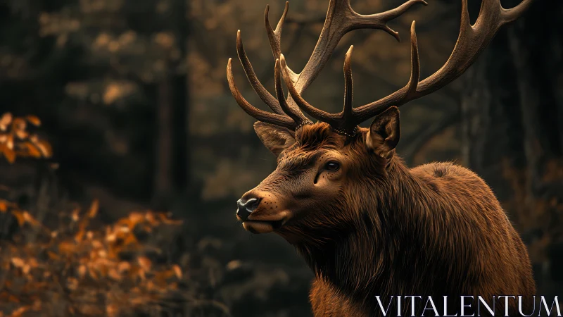 Majestic stag pauses calmly within a golden autumn forest