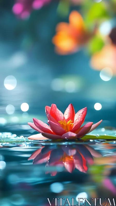 Serene pink water lily floats in dreamy reflective water.