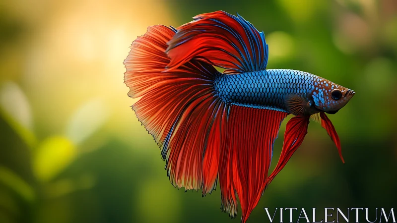 Red and blue betta fish with flowing fins in soft light.