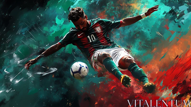Soccer player executing midair kick in abstract colors.