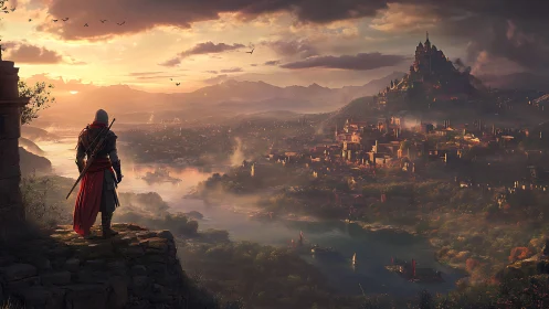 Hooded warrior overlooking vast medieval riverside city.