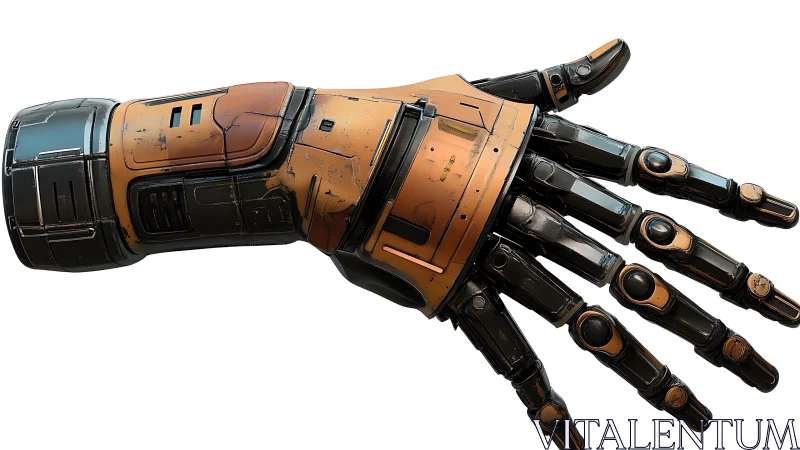 Weathered orange-black robotic hand with articulated finger actuators