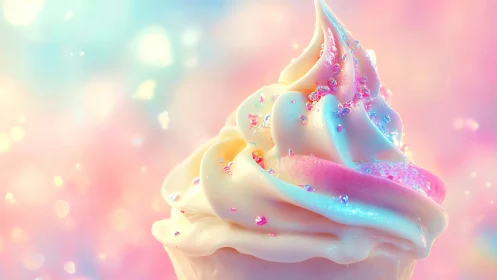 Pastel soft serve swirl sparkles in dreamy bokeh glow.