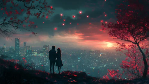 Couple watches sunset over neon-lit cityscape with red flowering trees.