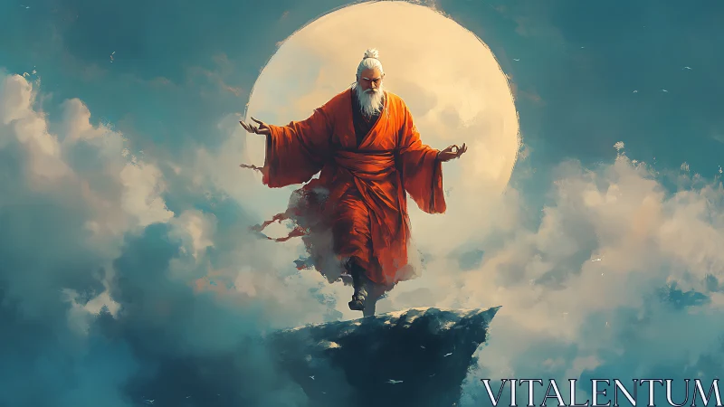 Mystic monk in orange robes before luminous full moon.