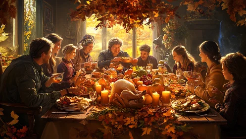 Multigenerational autumn feast around candlelit harvest table