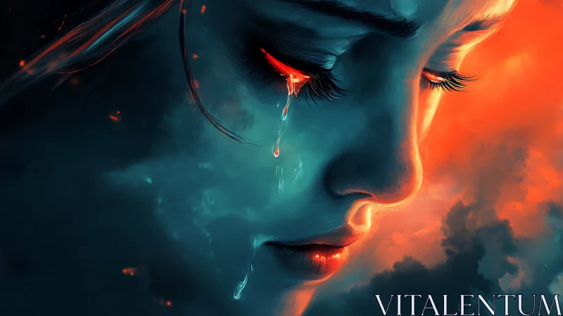 Firelit tearfall over a storm-bright, dream-soft face.