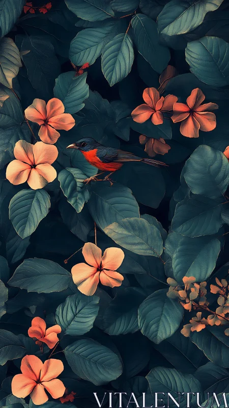 Songbird rests amid teal foliage and coral blossoms