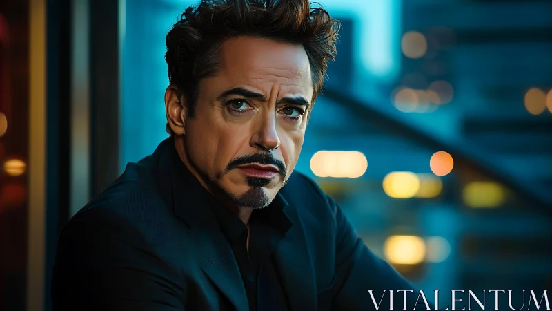 Digital portrait of man in dark suit against city lights