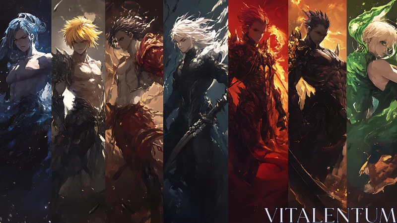 Elemental warrior lineup in dynamic chromatic panels.