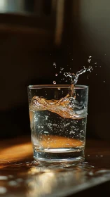 Water splash captured in clear glass on wooden surface.