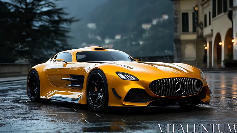 Low-angle render of gold Mercedes AMG supercar on wet cobblestone