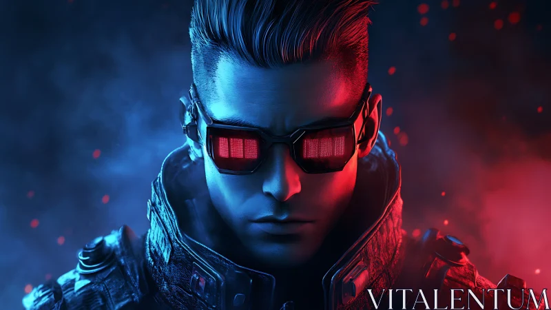 Cyberpunk soldier portrait in red and blue neon light.