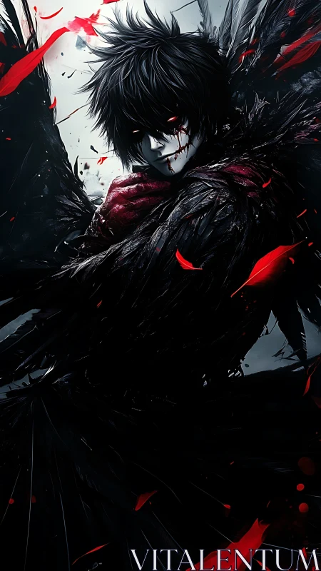 Dark winged antihero wrapped in swirling crimson shadows.