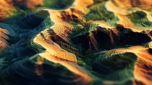 Layered canyon topography rendered in luminous terraces.