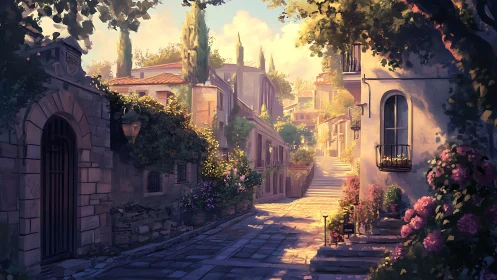 Sunlit hillside lane drifting through blooming stone villas.
