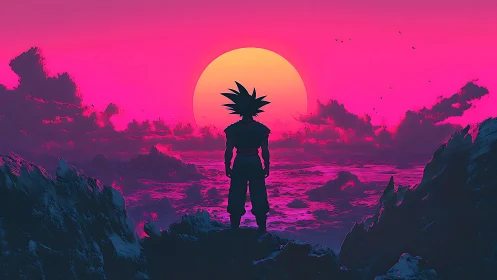 Silhouetted warrior analyzes neon magenta sunset over stylized sea