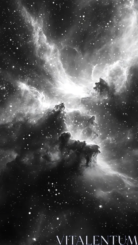 Monochrome deep space nebula with dense starfield distribution.