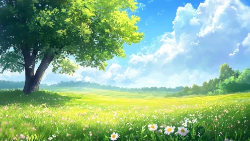 Sunlit spring meadow under towering shade tree illustration.