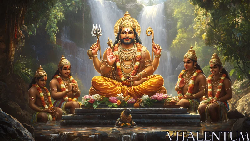 Hindu deity seated in forest shrine with four attendants.