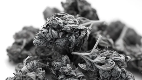 Monochrome close view shows clustered frosted plant buds