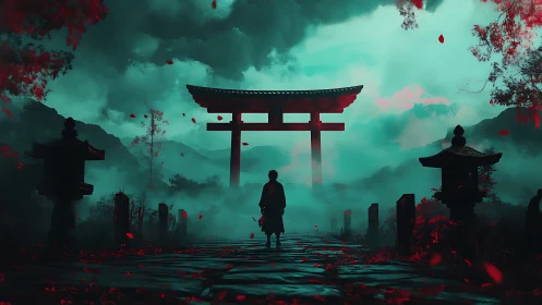 Solitary figure before red torii gate in misted mountain pass.