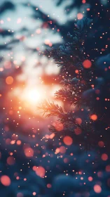 Snowy fir branch catches warm sunset bokeh glow