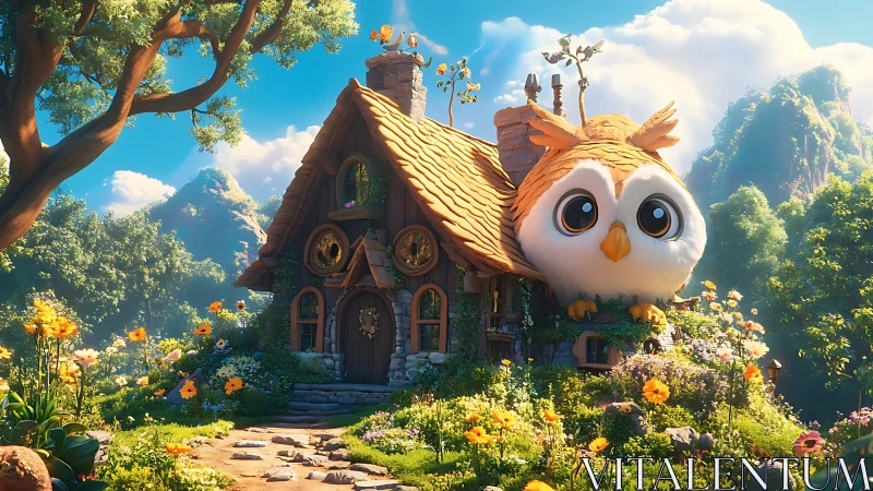 Whimsical owl cottage in lush floral valley, digital painting.