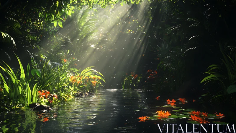 Sunlit jungle pond with water lilies and dense foliage