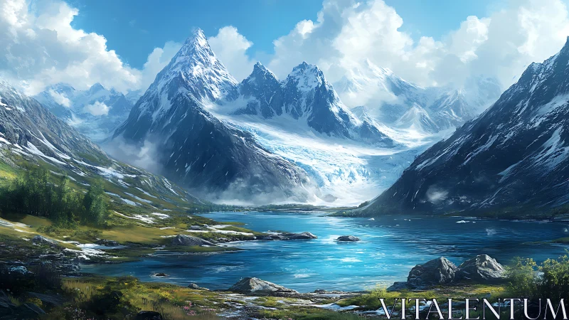 Glacial alpine lake beneath snow laden spire peaks at midday