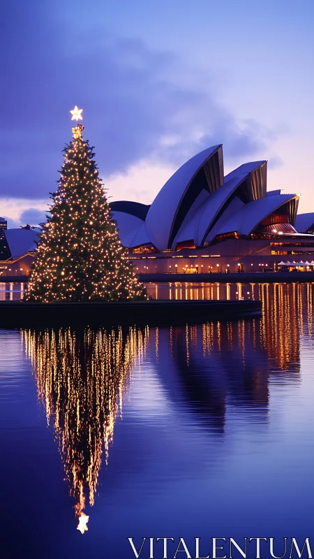 Christmas tree lights shimmer beside iconic harbor sails.