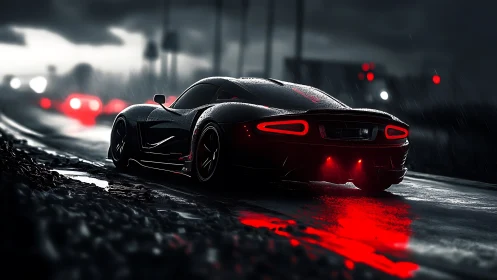 Cyberpunk supercar in cinematic neon rain-night chase scene.