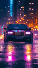 Luxury sedan glows against neon city lights on wet asphalt