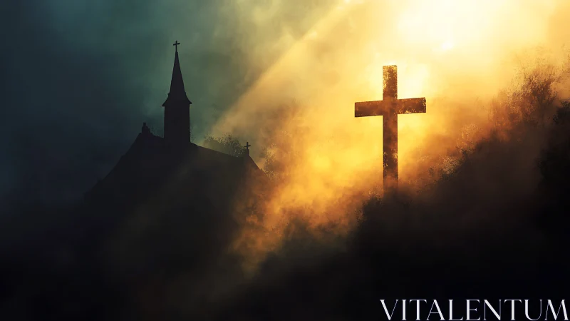 Golden light gently surrounds a cross beside a quiet church