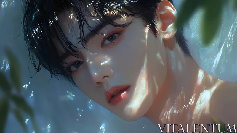 Iridescent waterlit portrait frames serene androgynous face.