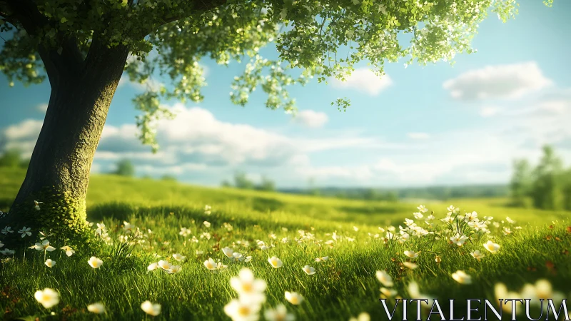 Luminous meadow under tree canopy in soft-focus 3D render.