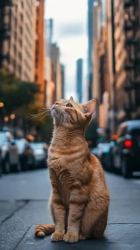 Orange tabby cat gazing upward in urban street canyon.