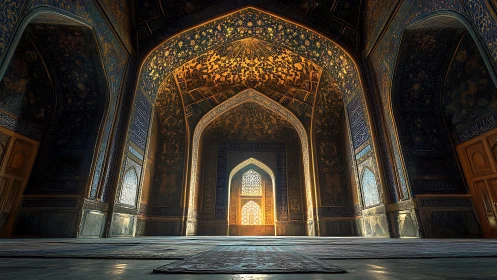 Intricate Islamic interior with arched doorway and light.