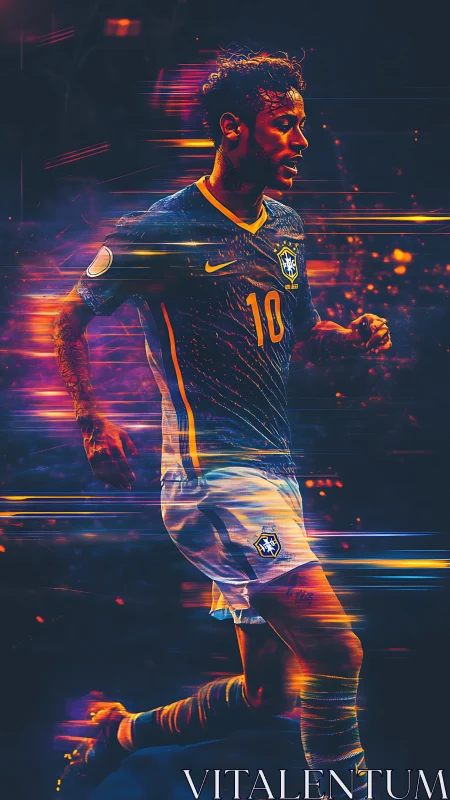 Brazilian footballer in motion with vivid neon light streaks