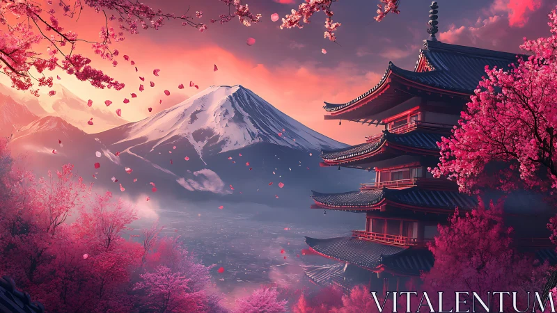 Cherry blossom pagoda with snow-capped mountain backdrop.