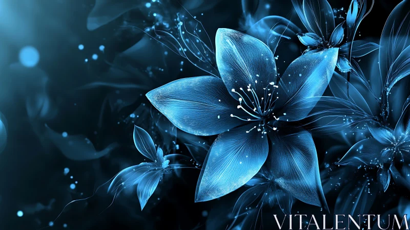 Luminous Blue Flowers Against Dark Background with Particle Effects