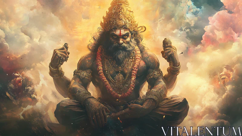 Mythic four-armed deity seated amid dense swirling clouds.