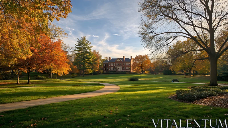 Photorealistic autumn campus lawn with neoclassical brick hall.