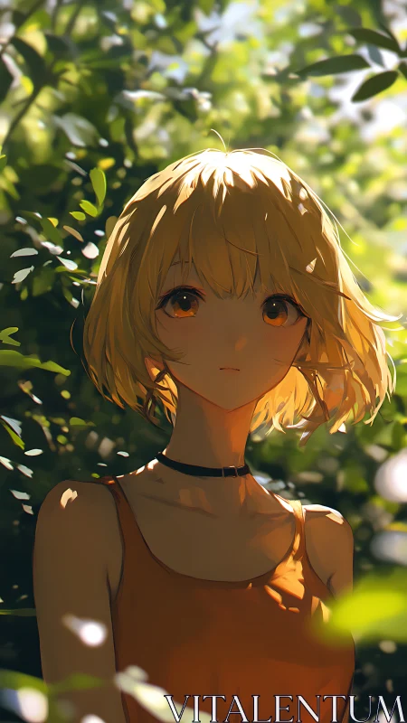 Sunlit blonde girl in forest bokeh with soft anime realism.