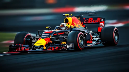 High-downforce Formula car cornering with motion-blur emphasis