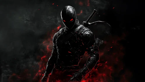 Stealth assassin silhouette with glowing red eyes and katana