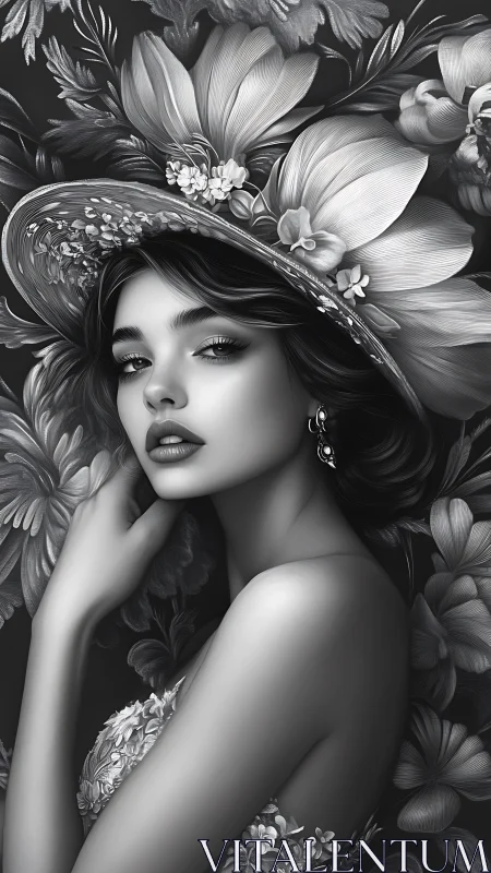 Monochrome floral portrait renders smooth skin and sculpted hat